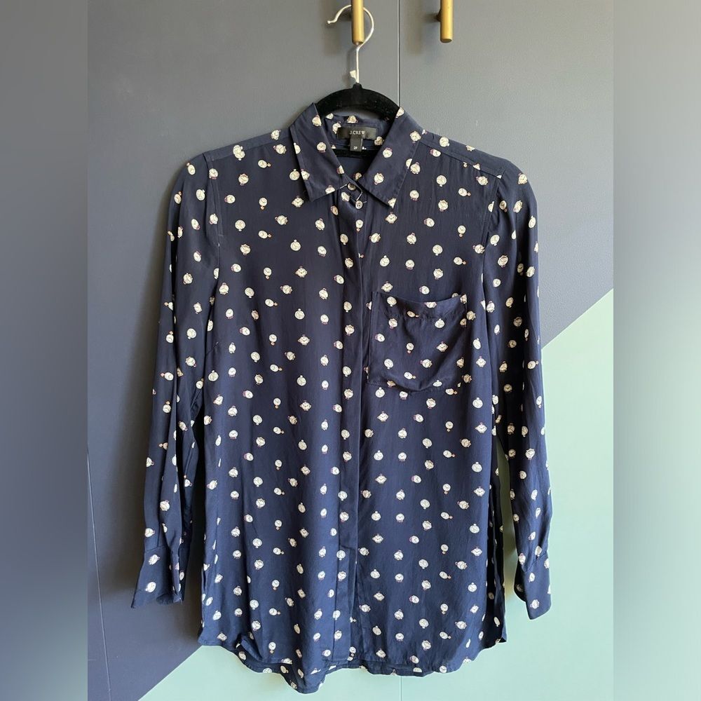 J Crew Navy 100% silk clock-print long sleeve button-up shirt/blouse Sz 2P VGUC
